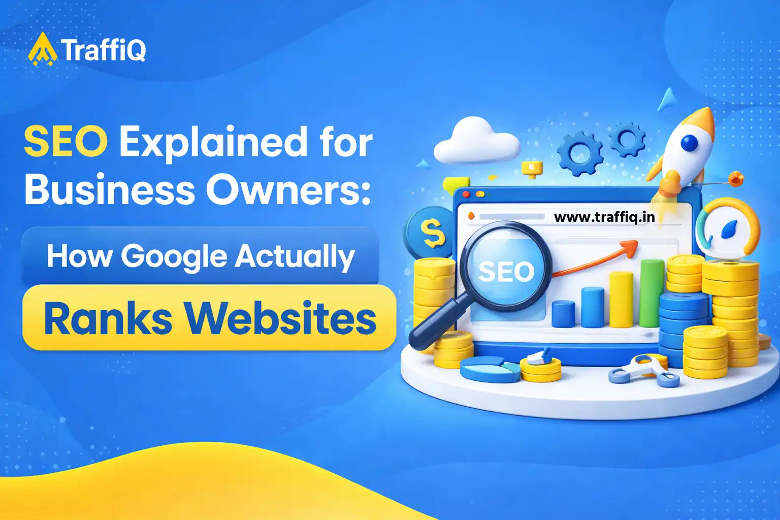 SEO explained for business owners blog banner in blue and yellow theme showing website ranking concept with search analytics, growth chart, magnifying glass, and digital marketing elements.