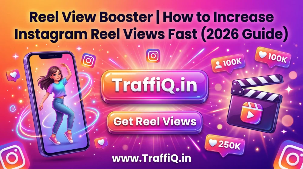 Reel View Booster guide banner showing Instagram reel growth, TraffiQ.in branding, Get Reel Views button, and colorful icons representing likes, followers, and reel views.