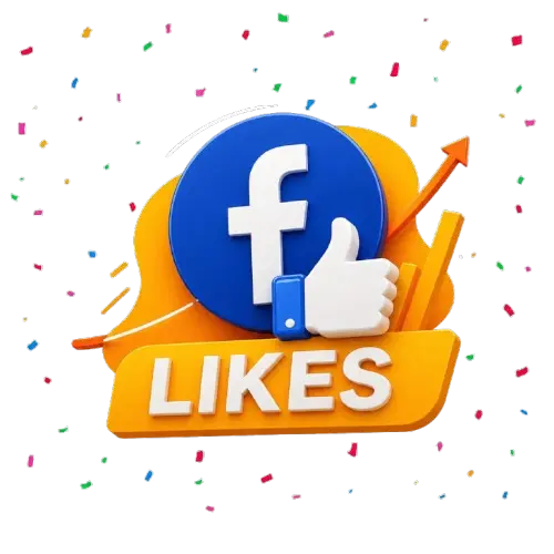 Facebook page likes increase icon with thumbs up symbol, growth arrow, and social media engagement concept