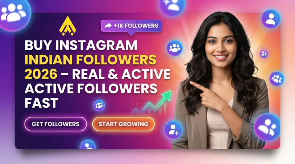 Buy Instagram Indian Followers 2026 banner with smiling woman pointing at text, follower icons, growth arrow, and call-to-action buttons for real and active followers service