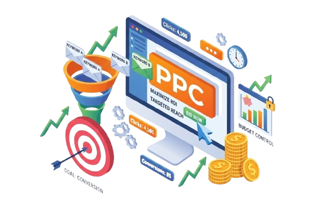 Google Ads PPC training concept with campaign dashboard, ROI, and marketing icons