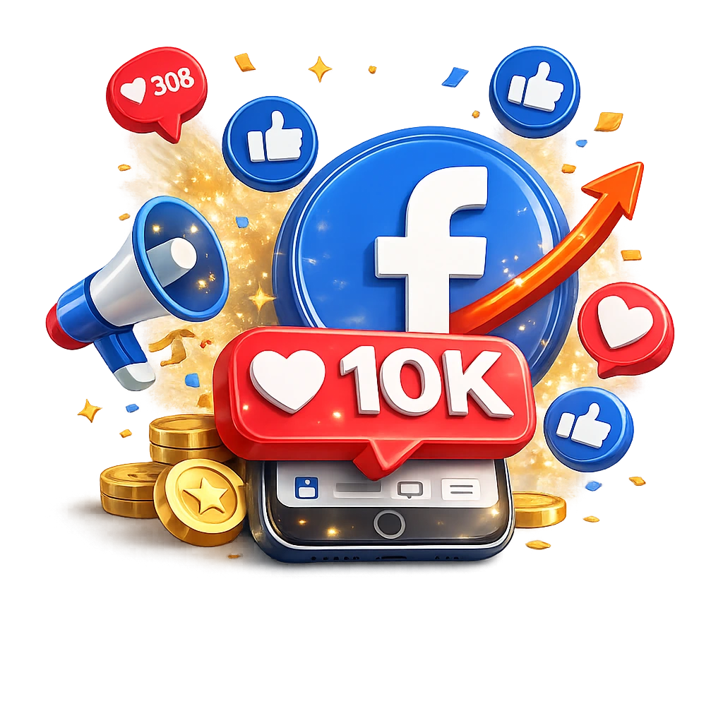 Facebook post likes increase illustration with 10K likes badge, thumbs up icons, and growth arrow