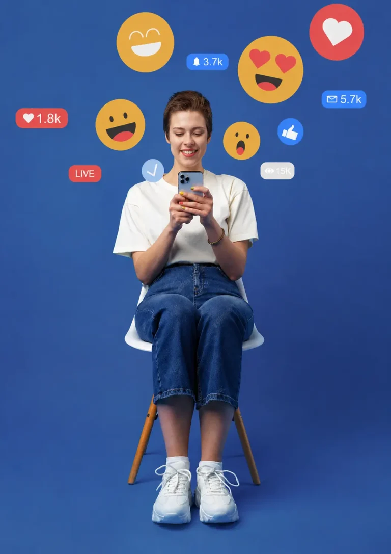 Woman using smartphone with floating social media likes, hearts, and engagement icons representing Facebook post likes increase