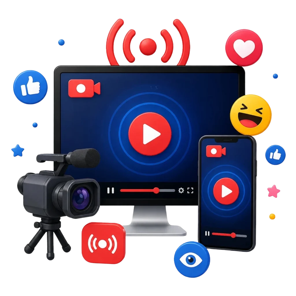 Facebook live stream views concept with camera, monitor, smartphone, and live streaming icons with engagement reactions