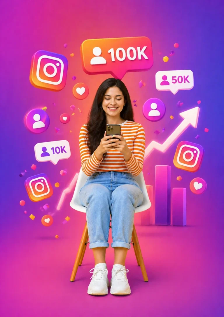 A young woman sitting on a chair smiles while using her smartphone, surrounded by colorful Instagram icons, follower count notifications (10K, 50K, 100K), hearts, and an upward growth chart, symbolizing increasing social media engagement and popularity.