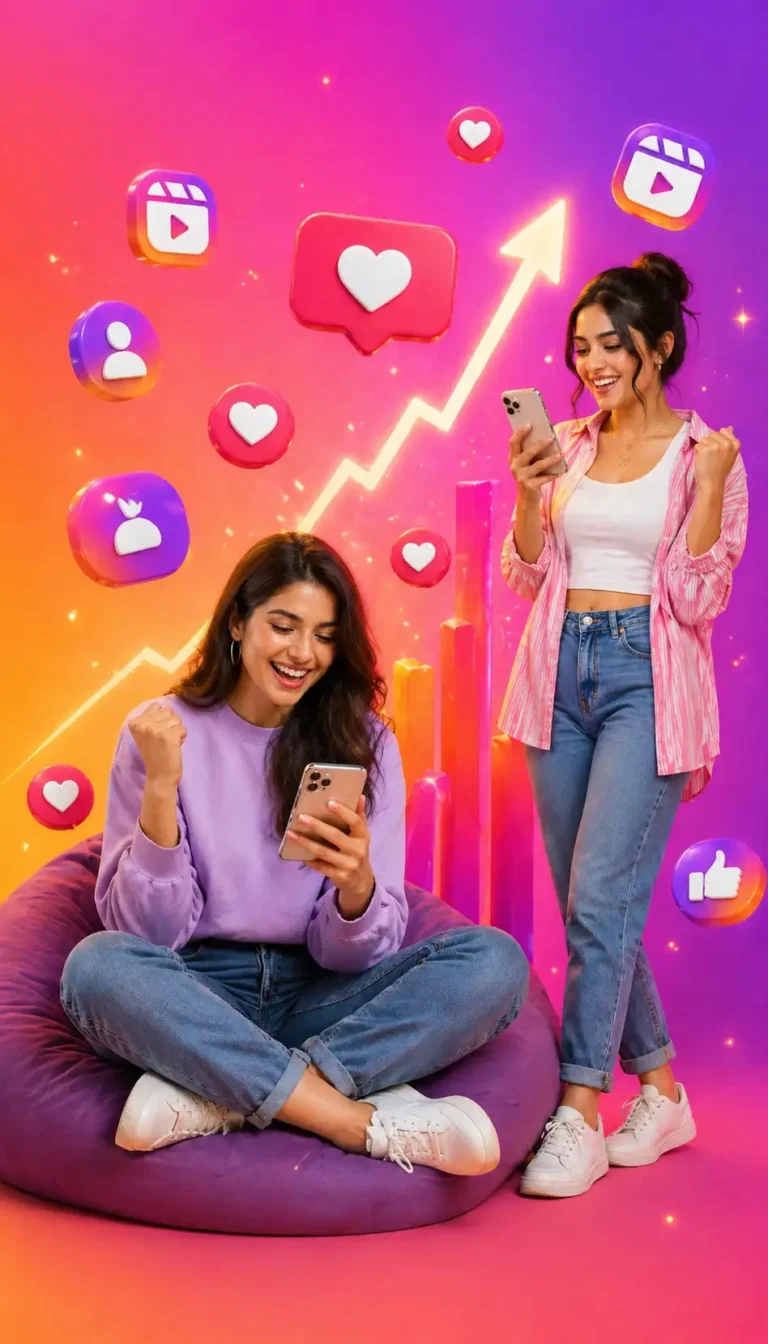 Two happy women using smartphones with Instagram likes, reels, and social media engagement icons floating around, representing Instagram reel growth, increased likes, and social media success.
