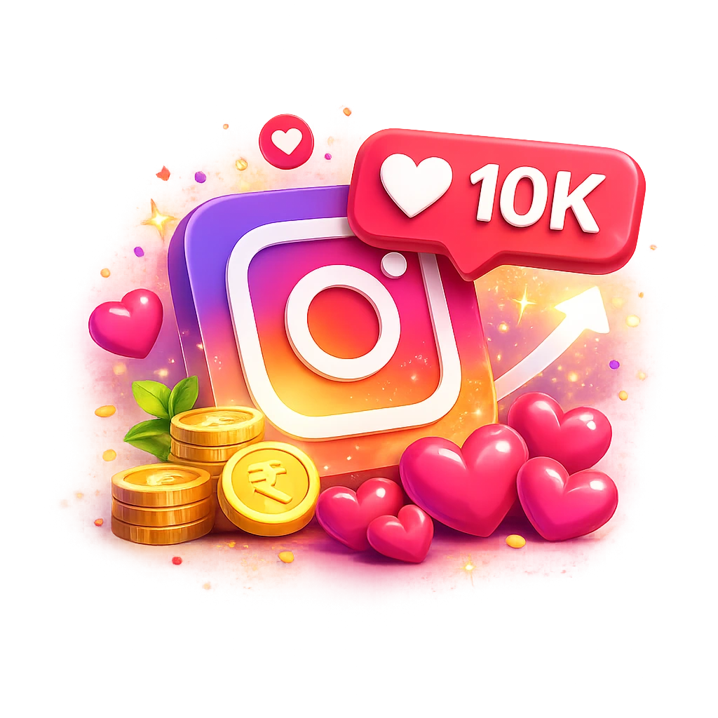 3D Instagram logo with hearts, 10K likes notification, coins, and glowing effects representing Instagram reel likes, social media engagement, and Instagram growth.