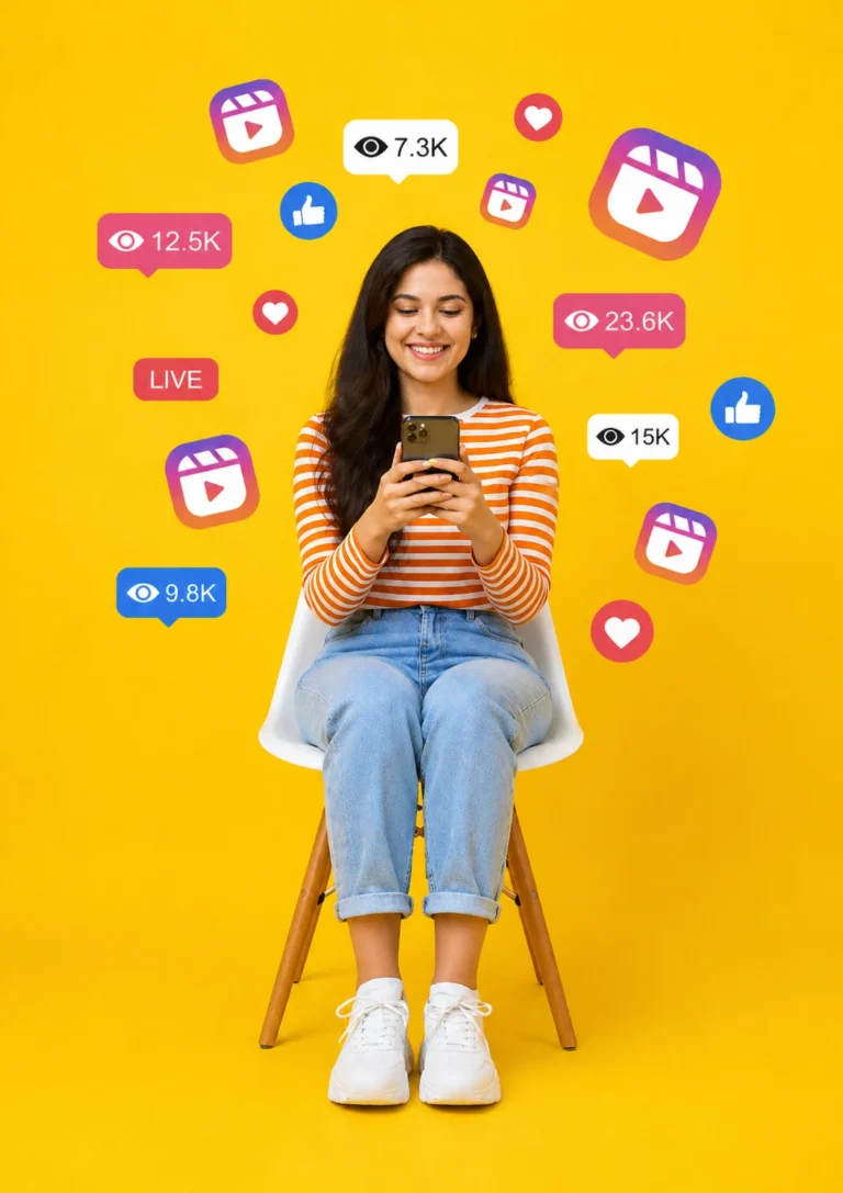 Woman using smartphone with floating reel icons and view counters representing Facebook reel and video views increase