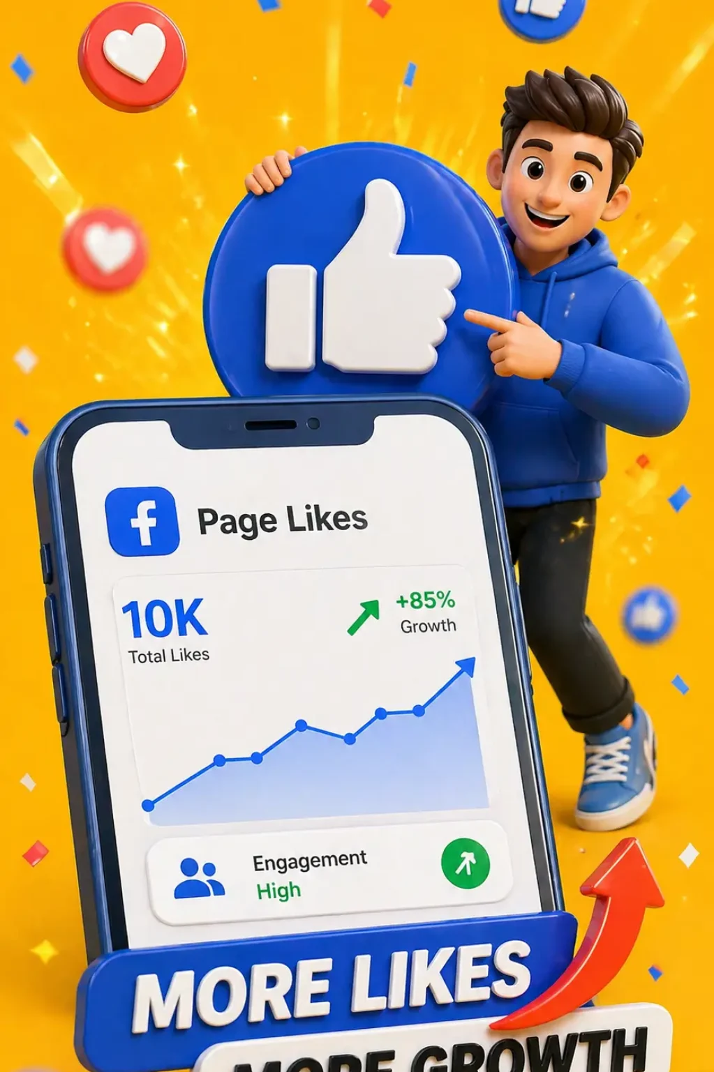Facebook page likes growth illustration showing 10K likes, upward graph, and social media engagement increase concept