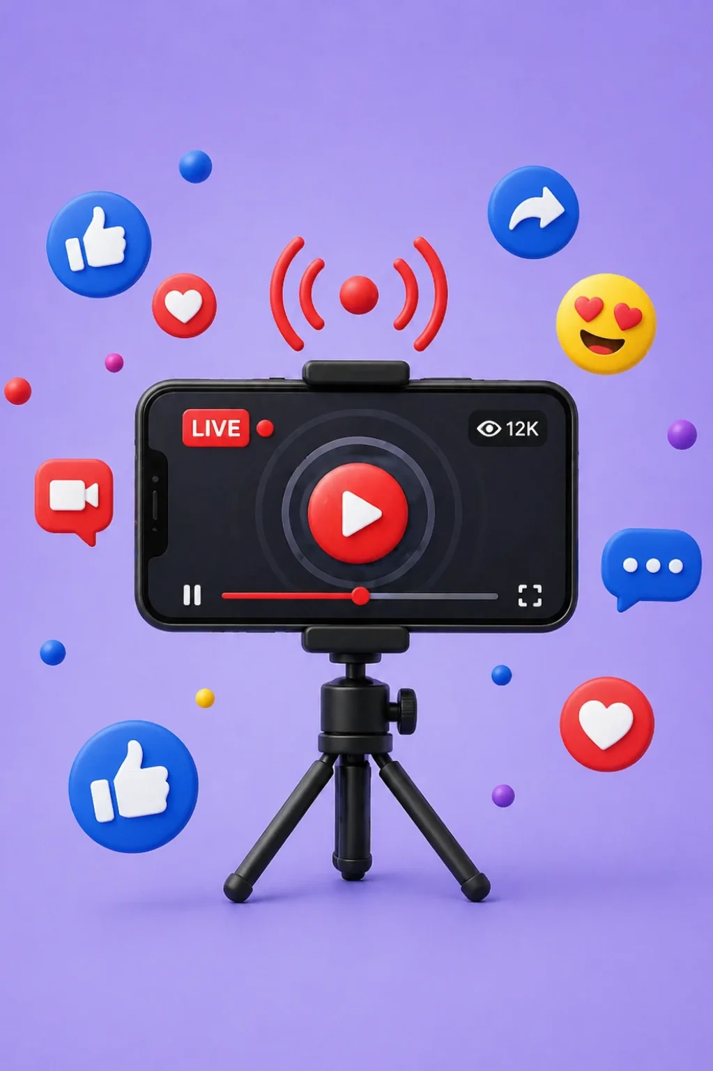 Facebook live stream views increase illustration with smartphone on tripod, live signal icon, and engagement reactions